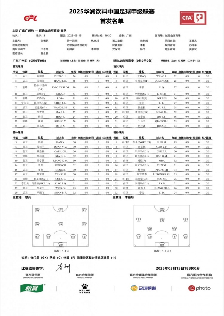 廣州豹vs延邊龍鼎首發(fā)：卡洛斯、羅薩、尼康三外援領銜廣州豹